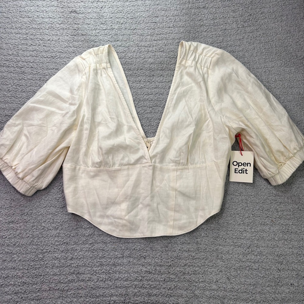 Open Edit nwt Puff Sleeve Linen Blend V-Neck Crop Top Ivory Sz M Boho Minimalist